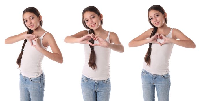 Collage of a young girl doing a heart with his hands. Isolated on white background