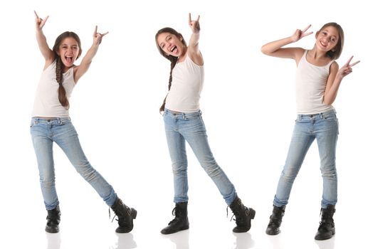 Collage of a lovely young girl doing positive signs. Isolated on white