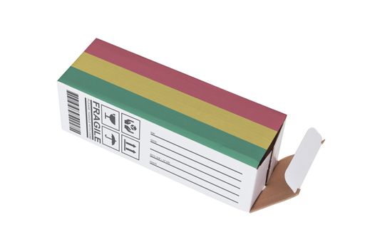 Concept of export, opened paper box - Product of Bolivia
