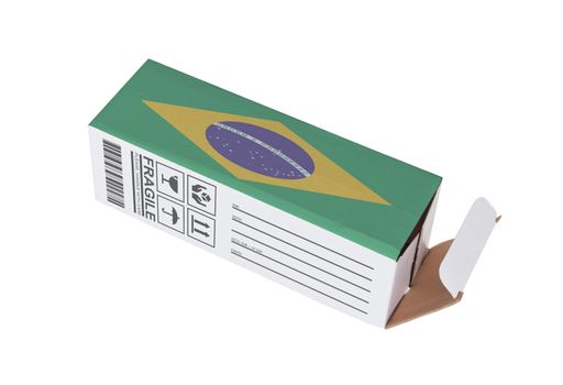 Concept of export, opened paper box - Product of Brazil