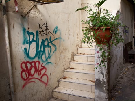 Dirty old grunge backyard of a house in a poor downtown area