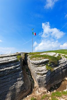 Ancient trenches of World war one in the Regional Natural Park of Lessinia, Veneto, Verona, Italy 