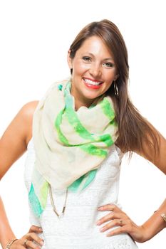 Close up Cheerful Pretty Young Woman in White Sleeveless Shirt with Scarf, Smiling at the Camera While Holding her Waist, Isolated on White Background.