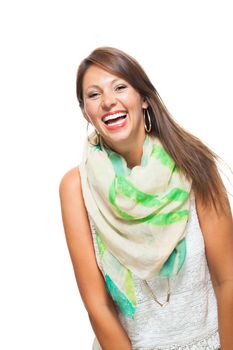 Close up Cheerful Pretty Young Woman in White Sleeveless Shirt with Scarf, Smiling at the Camera While Holding her Waist, Isolated on White Background.