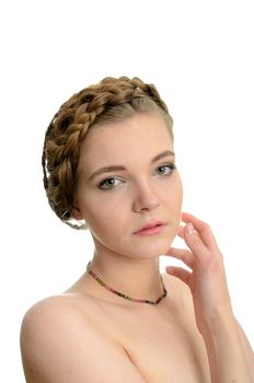 Young female model with necklace made of tourmalines, precious stones. Girl with soft and kind face expression.