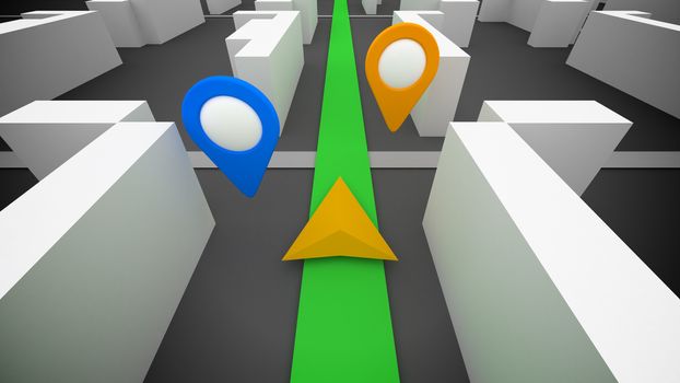3d gps navigation with simple buildings and marks on a map.