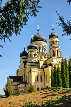 Large Christian Orthodox Church at the top of hill in Hancu Monastery, Republic of Moldova