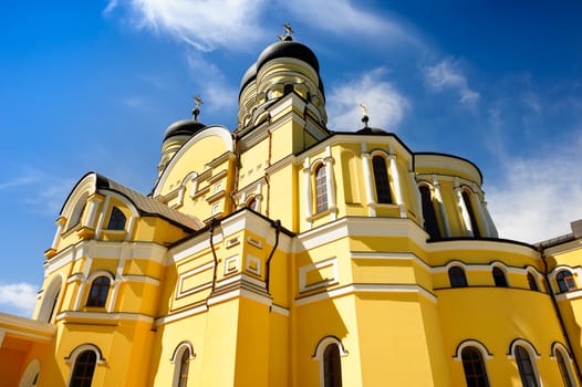 Large Christian Orthodox Church in the Hancu Monastery, Republic of Moldova. Perspective shot from below.