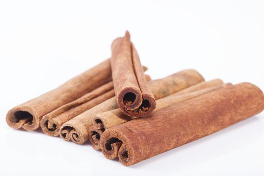 group of dried cinnamon stics isolated on white background