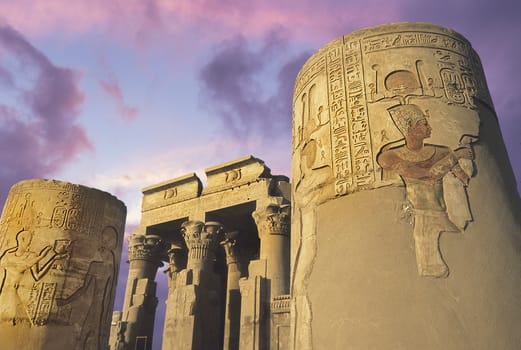Temple of Kom Ombo partially restored overlooking the river Nile, Egypt