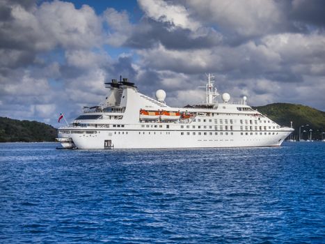 Small cruise ship off the BVI island of Virgin Gorda in Caribbean