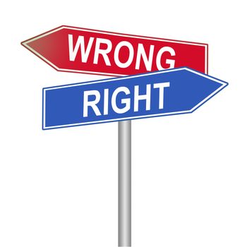 Right and wrong signs pointing in opposite directions, isolated