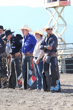 MERRITT, B.C. CANADA - May 30, 2015: Bull riders at opening ceremony of The 3nd Annual Ty Pozzobon Invitational PBR Event.