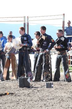 MERRITT, B.C. CANADA - May 30, 2015: Bull riders at opening ceremony of The 3nd Annual Ty Pozzobon Invitational PBR Event.