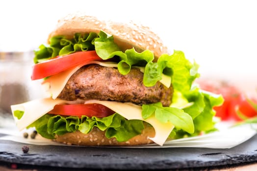 Closeup of Homemade Hamburger with Cheese and Fresh Vegetables