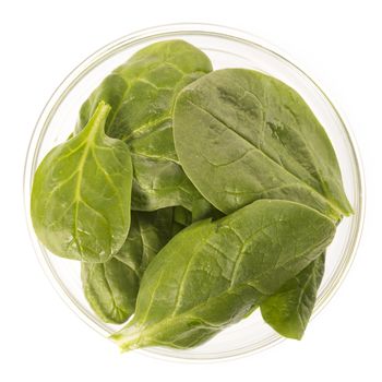 Fresh raw baby spinach leaves in glass bowl, isolated on white and viewed from directly above.