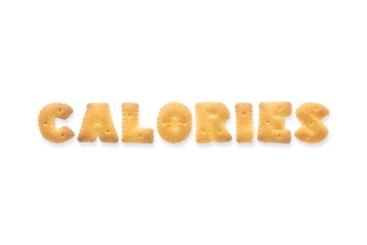 Collage of the capital  letter word CALORIES. Alphabet cookie biscuits isolated on white background