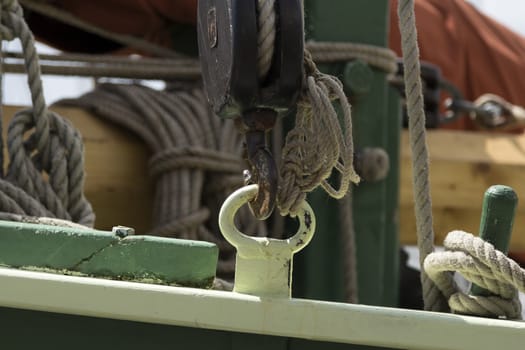 a boat detail with rope and equipment from a close range