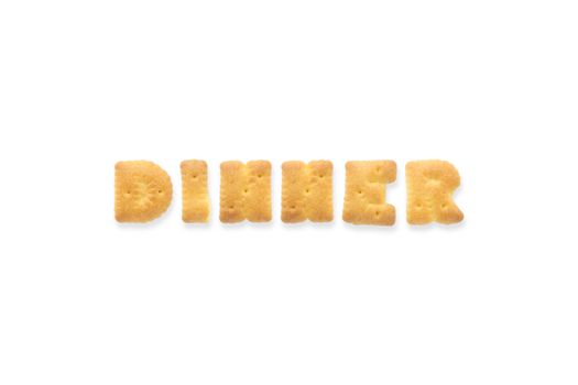 Collage of the uppercase letter-word DINNER. Alphabet cookie cracker isolated on white background