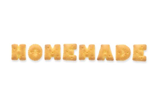 Collage of the character word HOMEMADE. Alphabet biscuit cracker isolated on white background