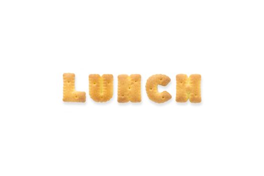 Collage of the uppercase letter-word LUNCH. Alphabet cookie cracker isolated on white background