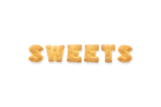 Collage of the cappital letters word SWEETS. Alphabet cookie biscuits isolated on white background