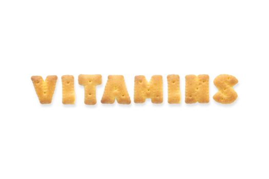 Collage of the cappital letters word VITAMINS. Alphabet cookie biscuits isolated on white background