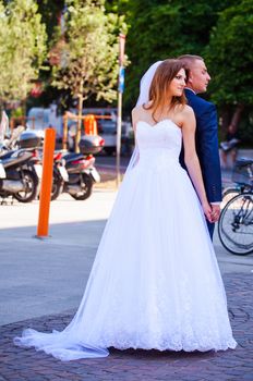 MILAN, ITALY - MAY, 15: Bride and groom posing for photo shooting on May 15, 2015