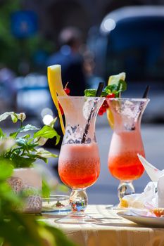 Close up of fruits cocktail on the table