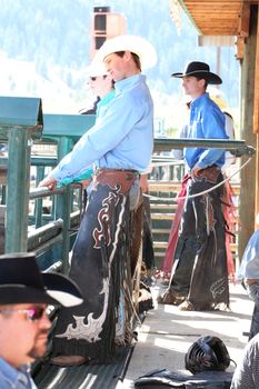 MERRITT, B.C. CANADA - May 30, 2015: Bull riders before the opening ceremony of The 3rd Annual Ty Pozzobon Invitational PBR Event.