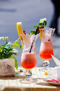 Close up of fruits cocktail on the table