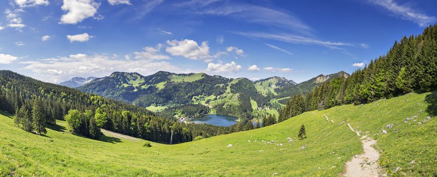 Panorama from mountain Jaegerkamp with view to Spitzingsee in the Alps in Bavaria, Germany