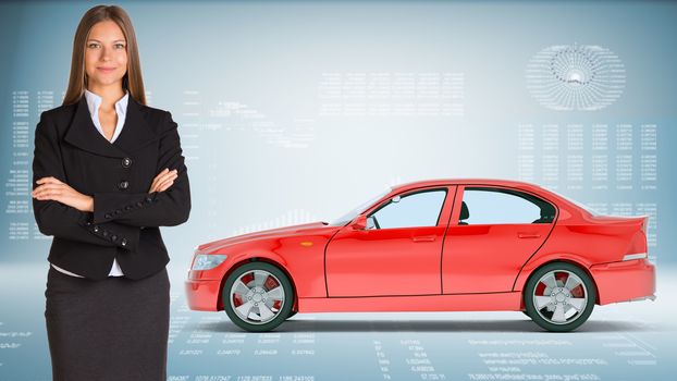 Businesslady with red car looking at camera on abstract blue background
