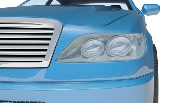 Blue car on isolated white background, front view