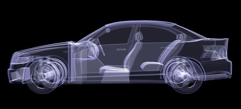 X-ray of car on isolated black background, side view