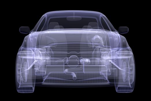 X-ray of car on isolated black background, front view