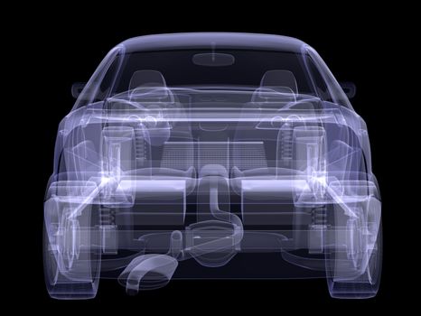 X-ray of car model on isolated black background, rear view
