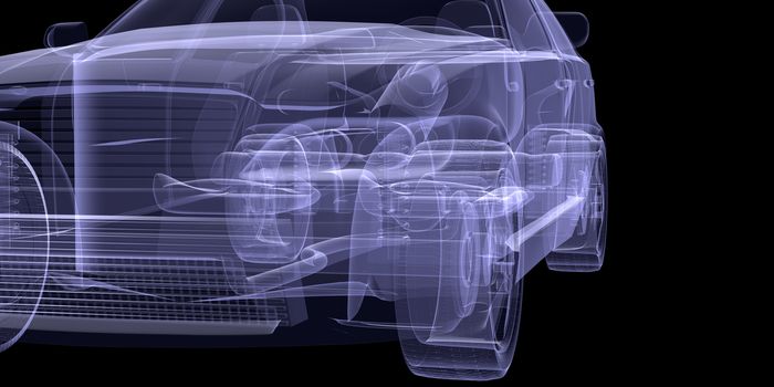 X-ray of car model on isolated black background, front view