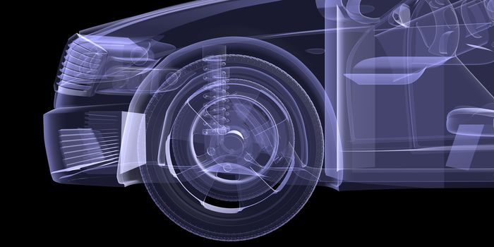X-ray of car model on isolated black background, close up view