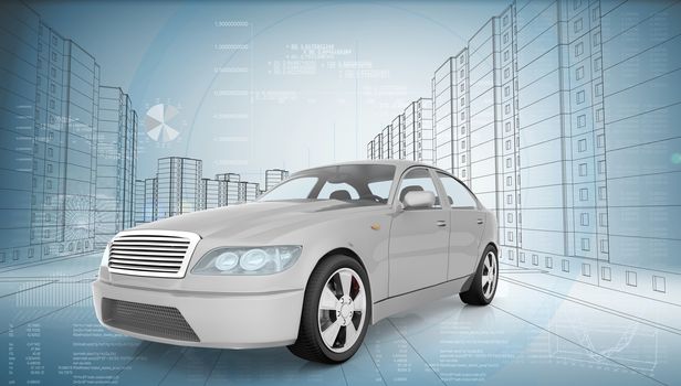 White car on abstract urban background, front view