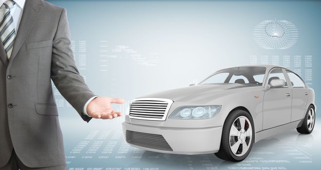 Businessman with car on abstract blue background