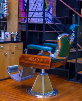 View of vintage barber chair in the barber shop