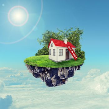 White house with red roof and rent sign on island in sky with clouds