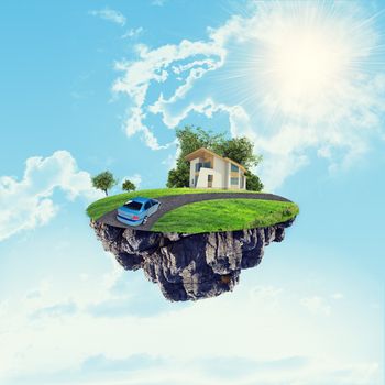 White house with brown roof, road and car on island in the sky with clouds and sun