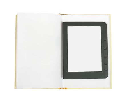Electronic book reader and blank paper book on isolated white background