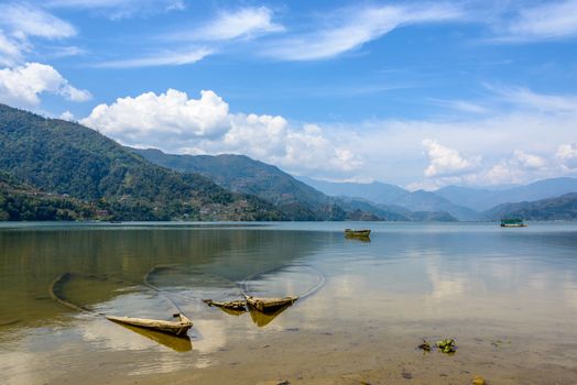 Three sunk boats in Phewa lake, Pokhara, Nepal