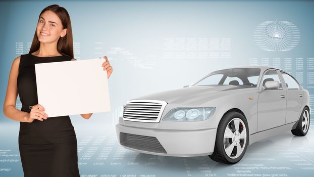 Businesslady holding blank paper and car looking at camera on abstract blue background