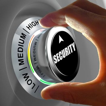 Hand rotating a button and selecting the level of security. This concept illustration is a metaphor for choosing the level of security. Three levels are available: low, medium and high.