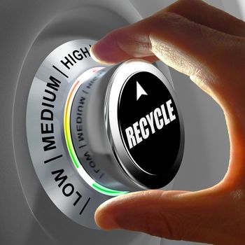 Hand rotating a button and selecting the level of recycling. This concept illustration is a metaphor for choosing the level of recycling. Three levels are available: low, medium and high.
