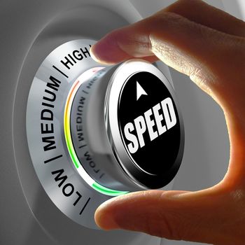 Hand rotating a button and selecting the level of speed. This concept illustration is a metaphor for choosing the level of speed (internet, data, processor...). Three levels are available: low, medium and high.